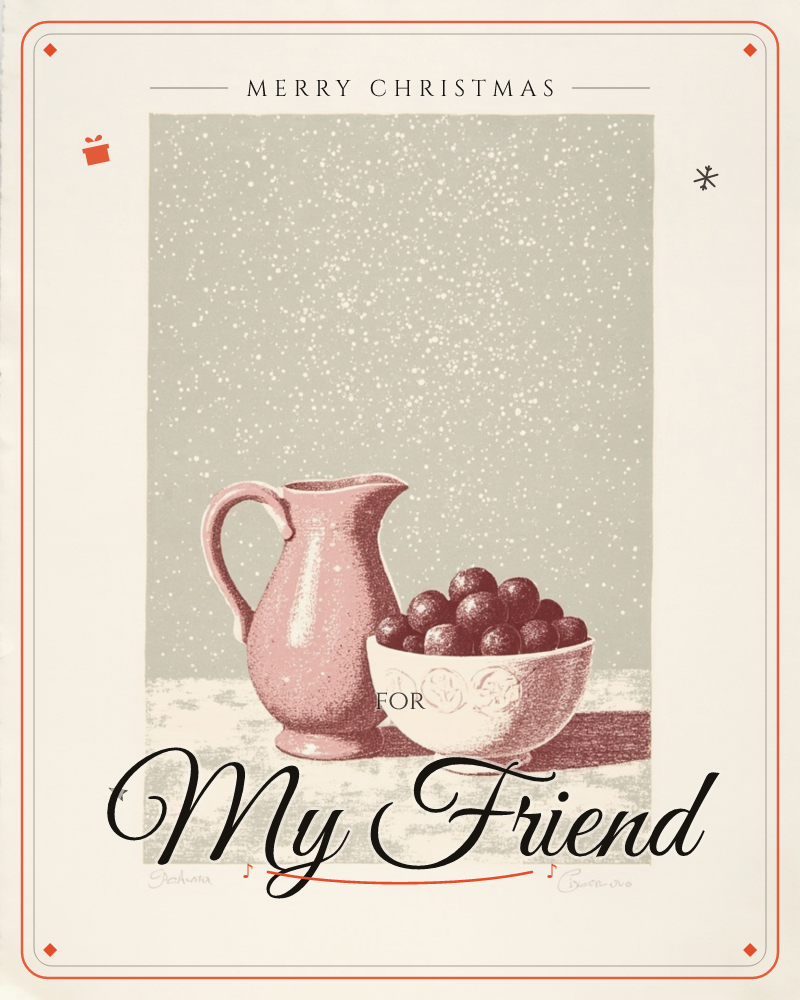 A still life shows a rounded pink jug standing beside a patterned bowl heaped with dark plums, set on a speckled tabletop against a stippled grey-green…, a christmas e-card design