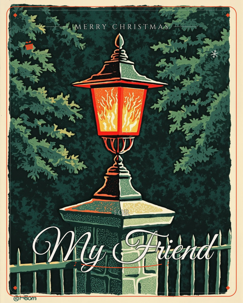 A glowing lantern with flame-like patterns behind glass panels sits atop a stone gatepost, flanked by a dark iron picket fence and framed by dense…, a christmas e-card design
