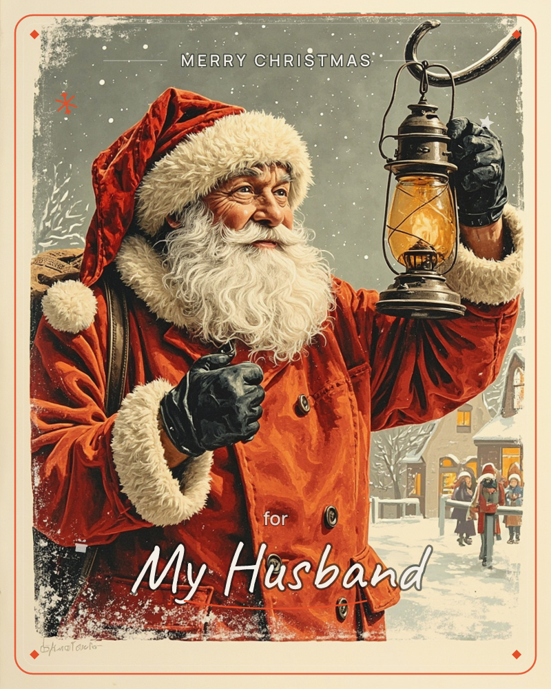 Santa Claus stands close in his red velvet coat and fur-trimmed hood, holding up a glowing brass lantern against a snowy, star-flecked night sky, a christmas e-card design