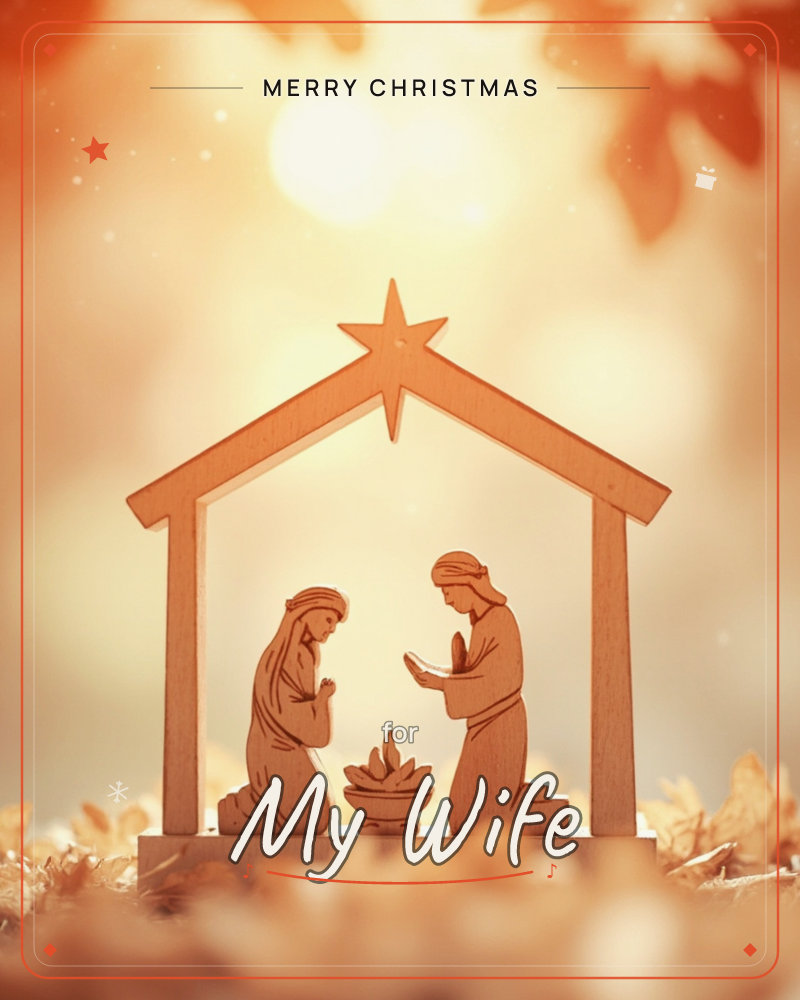 A small wooden nativity ornament sits under a warm, glowing light, showing two kneeling figures facing each other beneath a simple star-topped stable…, a christmas e-card design