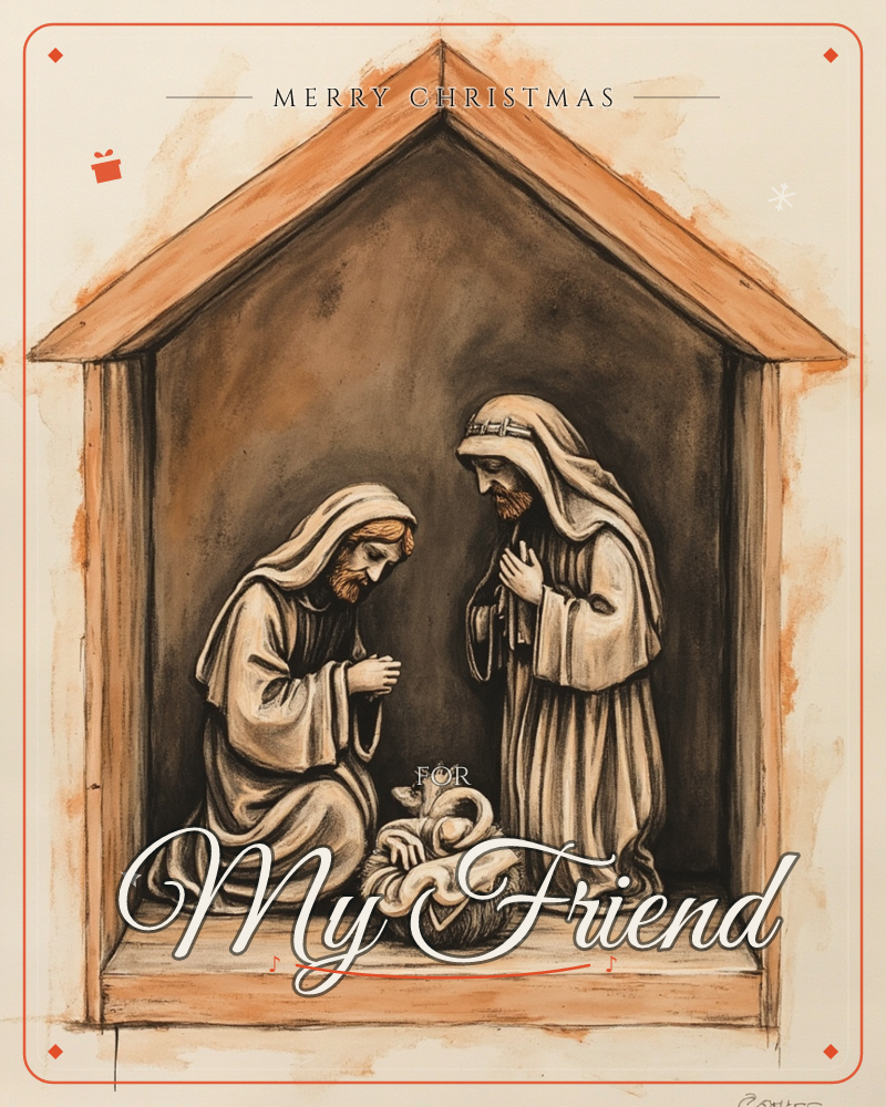 A wooden stable frame, painted in warm terracotta and shadowed brown, holds a nativity scene: two robed figures kneel and stand over a swaddled infant…, a christmas e-card design