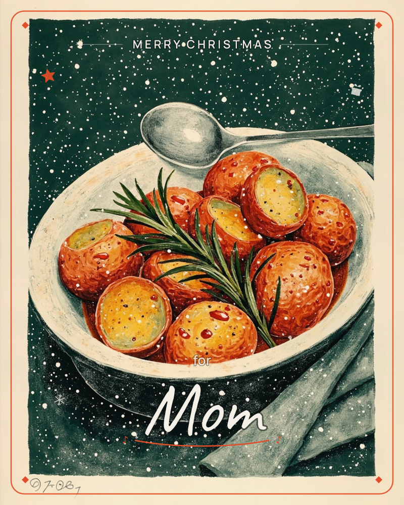 A white bowl brims with roasted, crackle-skinned potatoes flecked with red pepper and tucked with a sprig of rosemary, a silver serving spoon resting…, a christmas e-card design