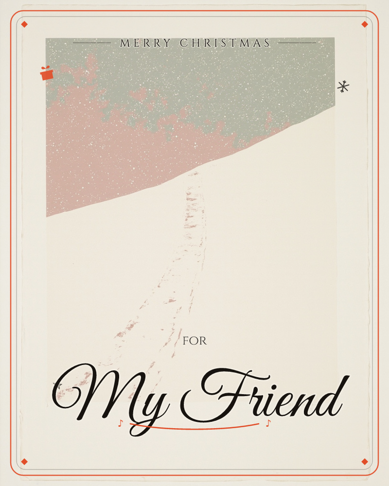 A snowy hillside rises across the frame, its slope printed in soft cream against a speckled sky of dusty pink and sage grey, a christmas e-card design