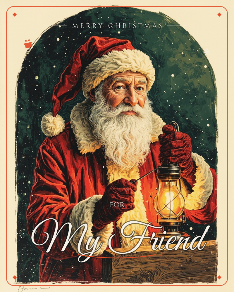 Santa Claus is shown close-up in a painted arch, lighting an old lantern with a match while snow falls against a deep green night sky, a christmas e-card design