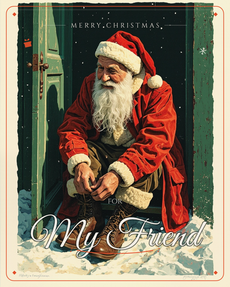 Santa sits in an open doorway at night, bent over as he laces up a pair of worn leather boots before heading out into the snow, a christmas e-card design