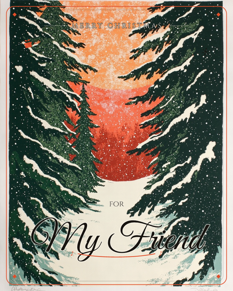 A snow-laden path cuts through a dense pine forest, framed by heavy-boughed evergreens dusted white with snow, a christmas e-card design