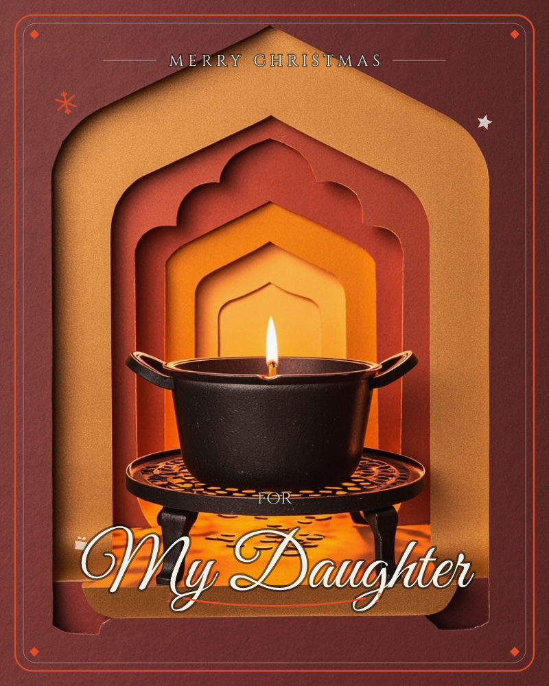 A layered paper-cut archway in the style of a Mughal doorway recedes into a glowing tunnel of deep maroon and gold, each arch smaller than the last, a christmas e-card design