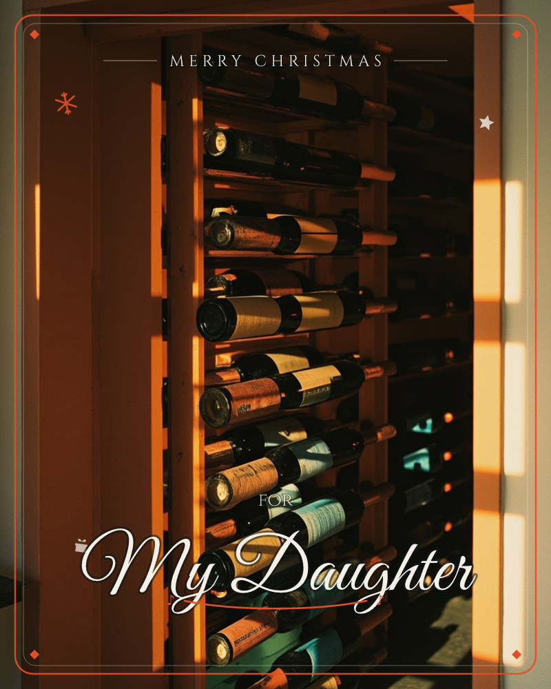 A wooden wine rack sits in a dim room, rows of bottles stacked on their sides with labels catching warm amber light, a christmas e-card design