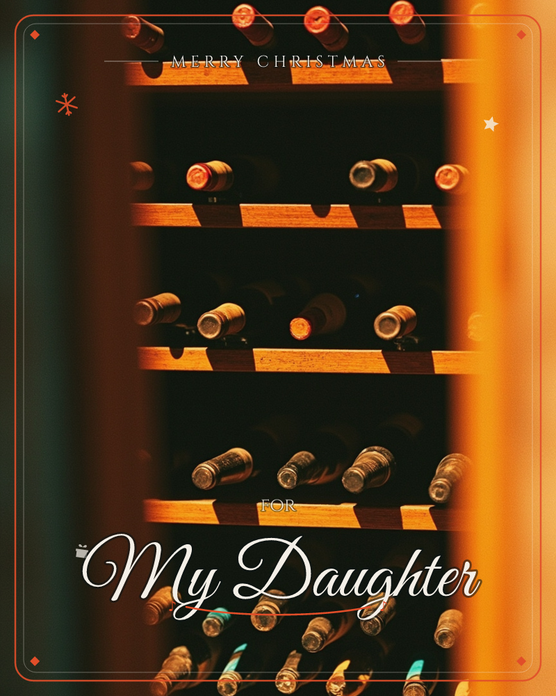 A close-up photograph of a wooden wine rack, its shelves stacked with bottles resting on their sides, necks pointed outward toward the camera, a christmas e-card design
