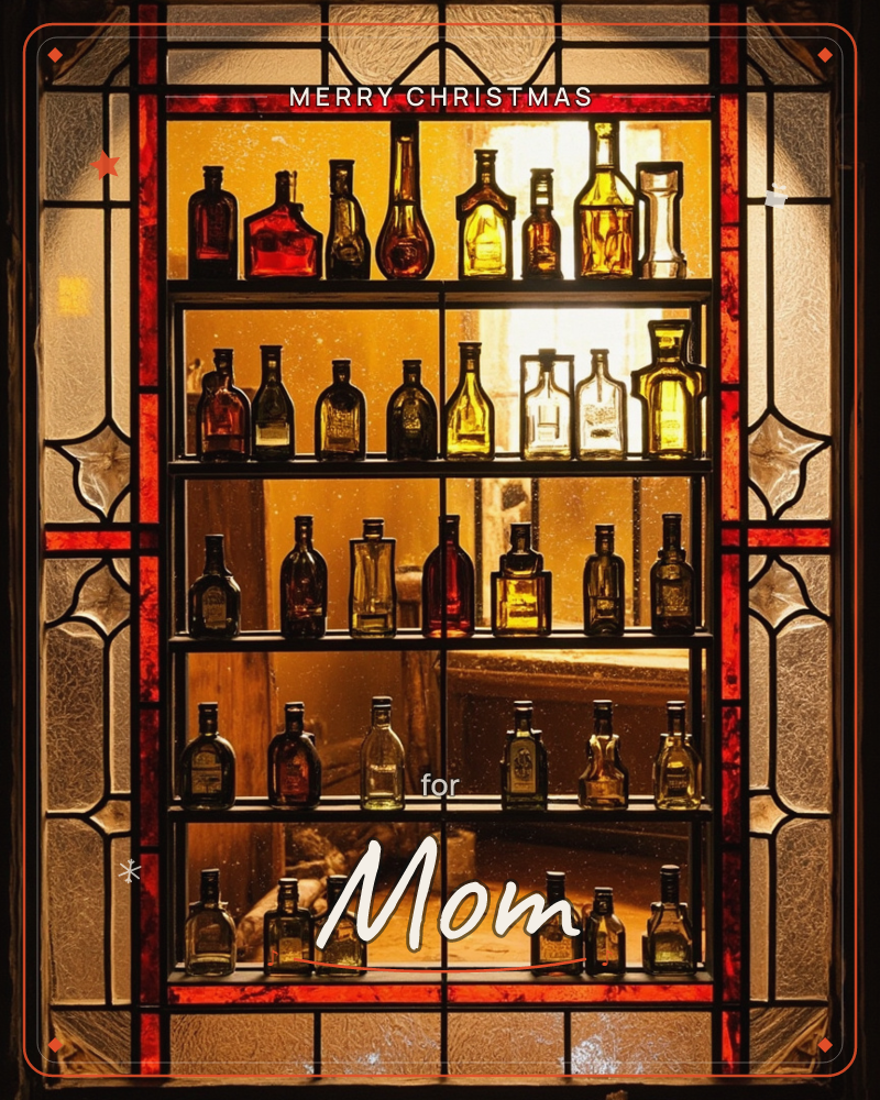 A tall stained-glass window, bordered in red and frosted diamond panes, frames five wooden shelves lined with old glass bottles in amber, red and clear…, a christmas e-card design