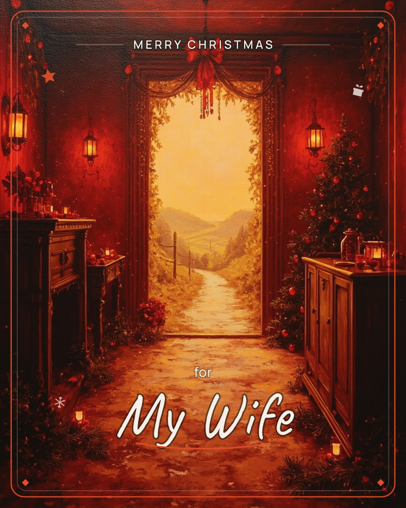 A candlelit corridor draped in deep red walls opens onto a golden archway, beyond which a country path winds through sunlit hills, a christmas e-card design