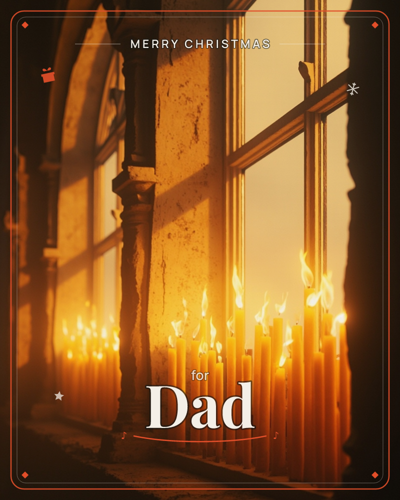 A row of tall lit candles flickers along a stone windowsill inside what looks like an old church or chapel, their flames glowing gold against arched…, a christmas e-card design