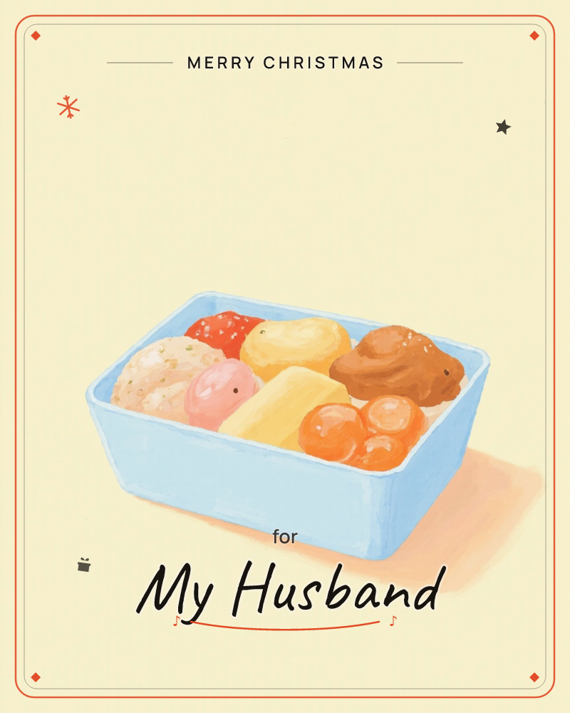A pale blue bento box sits centered on a soft buttery yellow background, packed with rice balls, a folded omelette, orange citrus segments, a slice of…, a christmas e-card design