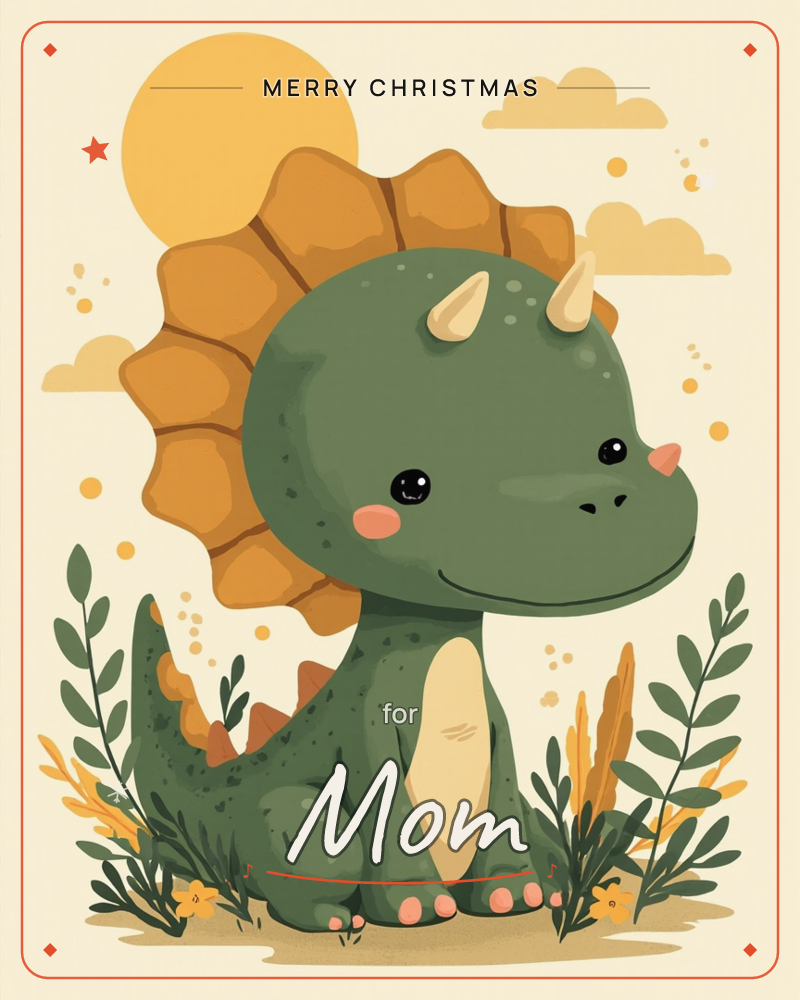 A round-bellied baby triceratops sits smiling against a cream background, its golden frill fanned out like a sunburst behind a glowing sun, a christmas e-card design