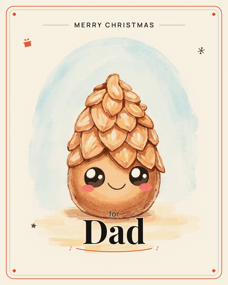 A round, smiling pinecone character with rosy cheeks and shiny eyes sits against a soft pale blue arch on a cream background, a christmas e-card design