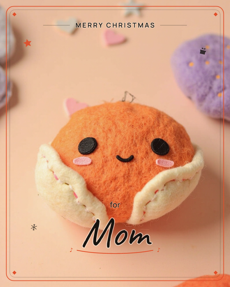 A felted orange creature with a stitched cream shell and a shy smiling face sits centre stage on a soft peach surface, a christmas e-card design