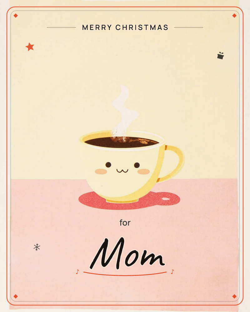 A cheerful yellow teacup sits centre stage against a two-tone backdrop of cream above and soft pink below, filled with dark coffee and topped with a…, a christmas e-card design