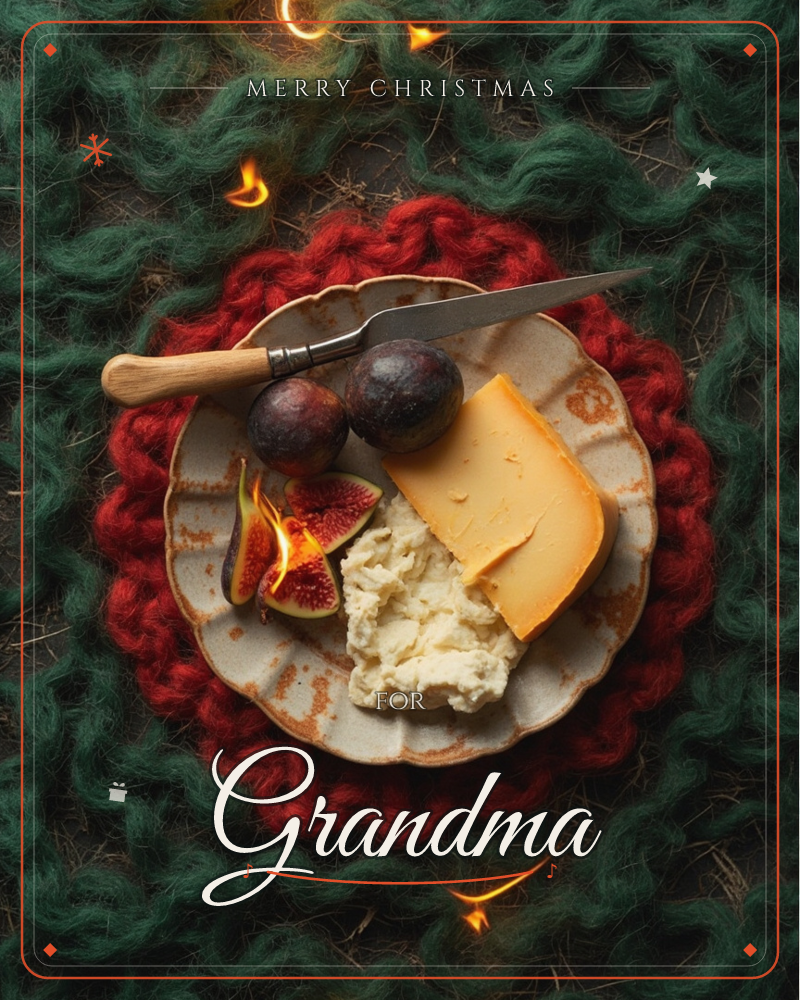 A rustic ceramic plate holds a wedge of amber cheese, a crumbly white cheese, and fresh figs sliced open to show their pink flesh, with a…, a christmas e-card design