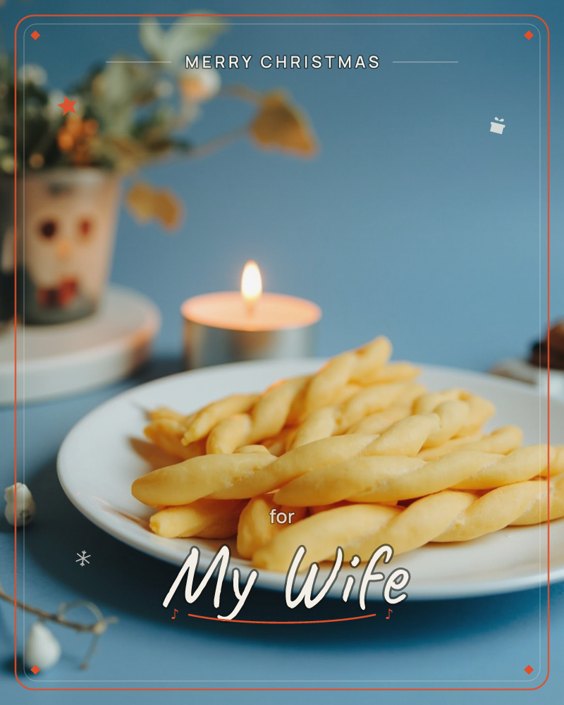 A white plate piled with golden twisted breadsticks sits on a soft blue tabletop, a small tealight flickering beside it and a painted vase of dried…, a christmas e-card design