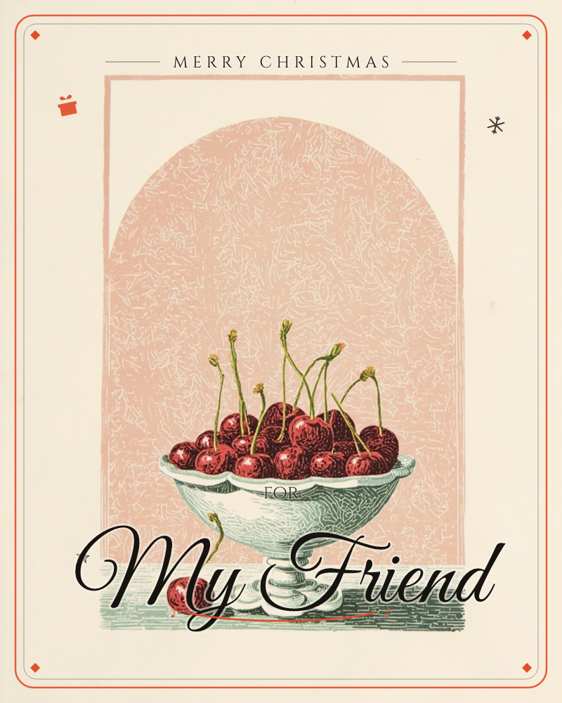 A footed white bowl heaped with glossy red cherries and their curling stems sits on a dark ledge, framed by a pink arched niche etched with fine…, a christmas e-card design