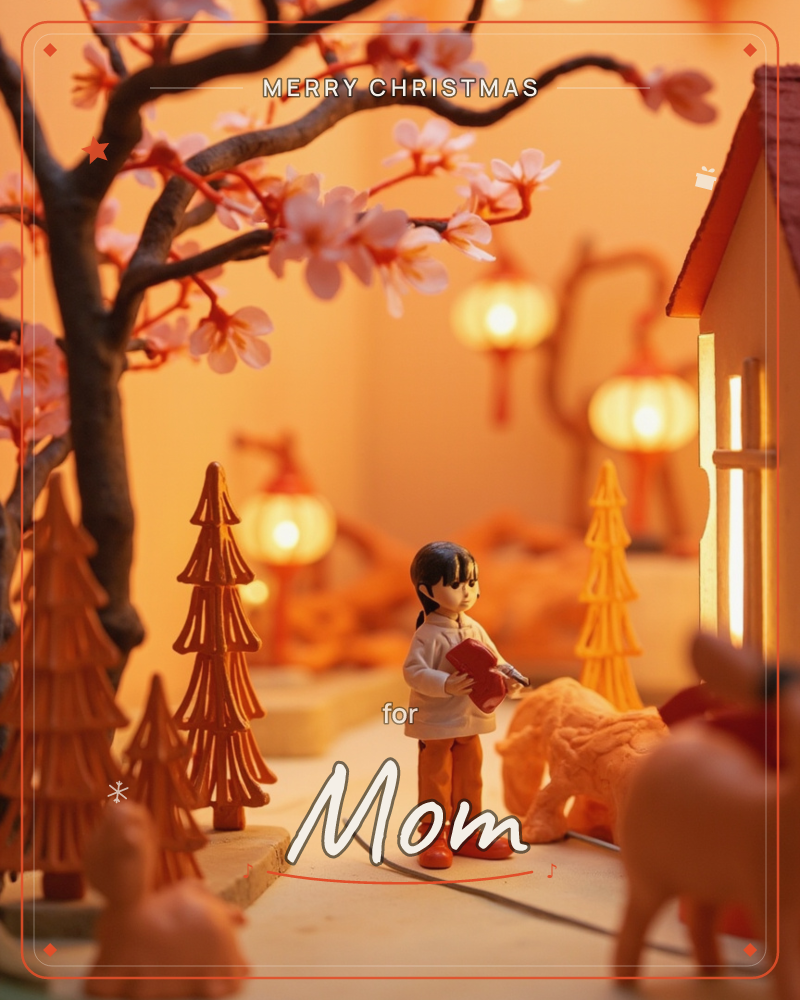 A miniature diorama glows in warm amber light, with a small figurine of a child in an orange outfit standing beneath a blossoming tree, holding a red…, a christmas e-card design
