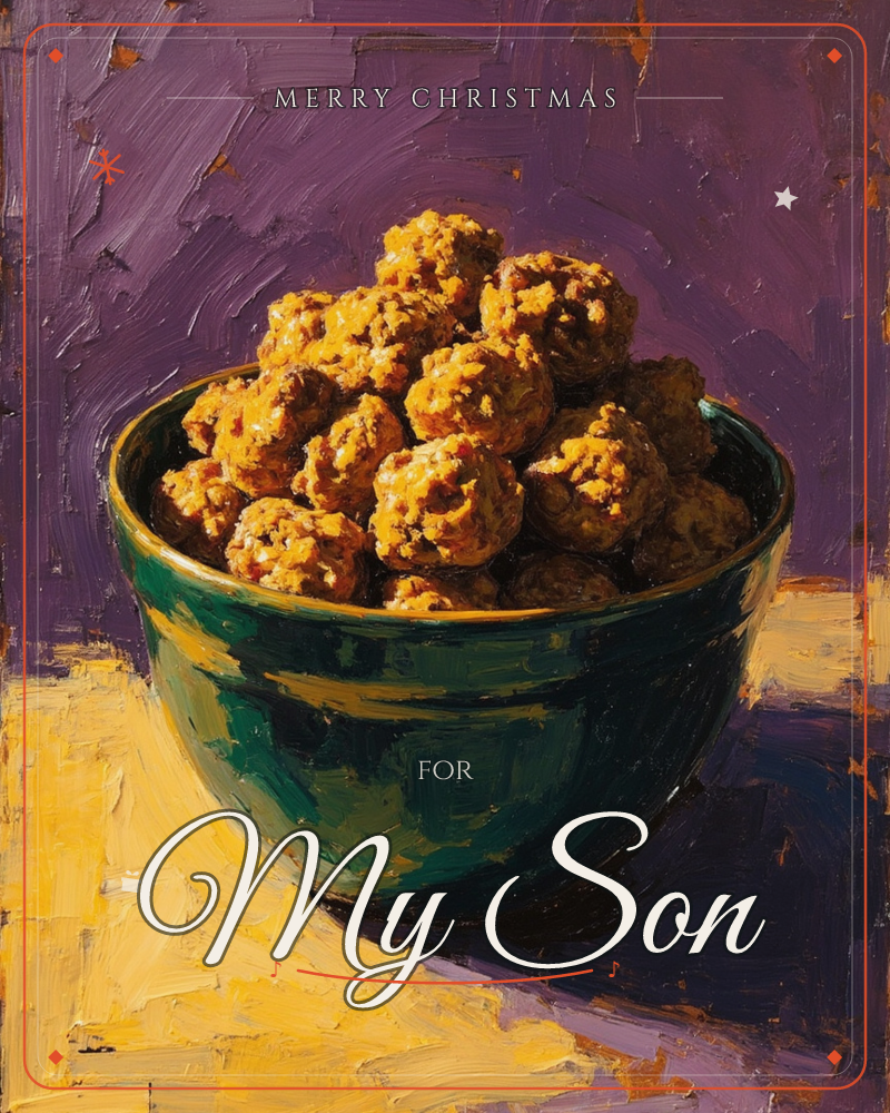 A deep green ceramic bowl is piled high with golden-brown, crusted meatballs or truffles, painted in loose, thick brushstrokes, a christmas e-card design