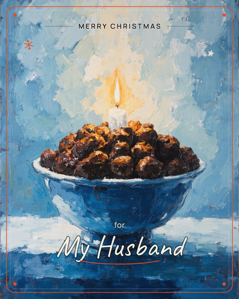 A thickly painted still life shows a single lit candle standing in a blue ceramic bowl heaped with dark, glossy berries or truffles, its flame glowing…, a christmas e-card design