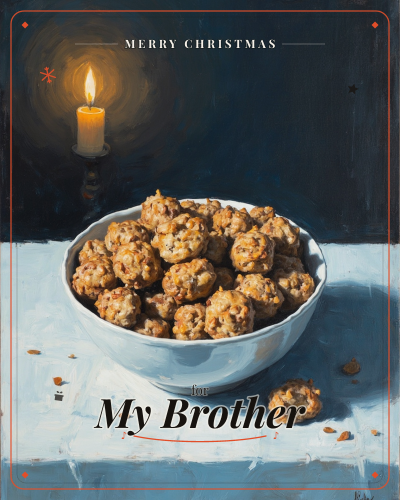 A white bowl heaped with golden, nut-studded cookie bites sits on a pale blue-checked tablecloth, lit by a single lit candle glowing against a dark…, a christmas e-card design