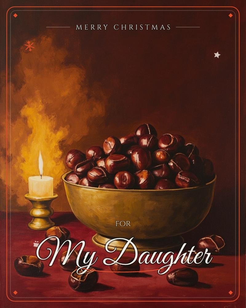 A still life shows a brass bowl heaped with glossy chestnuts, some split open at the seams, set on a deep red tabletop beside a lit candle in a…, a christmas e-card design
