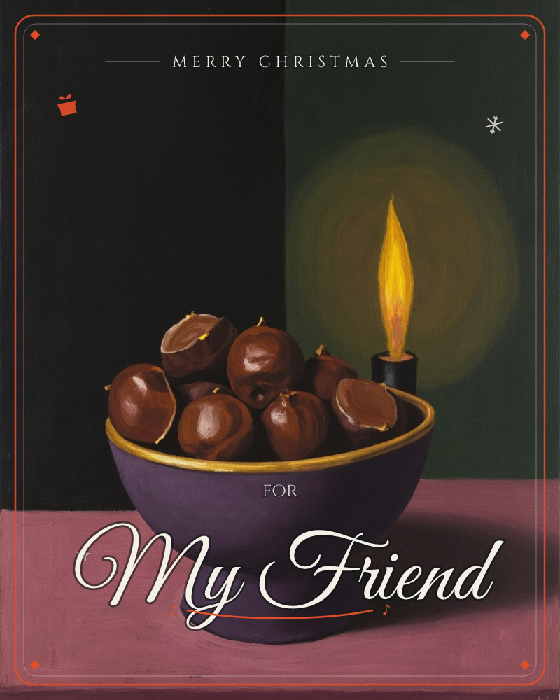A purple bowl with a gilded rim sits piled high with glossy chestnuts on a dusty pink tabletop, while a single lit candle glows against a dark green…, a christmas e-card design