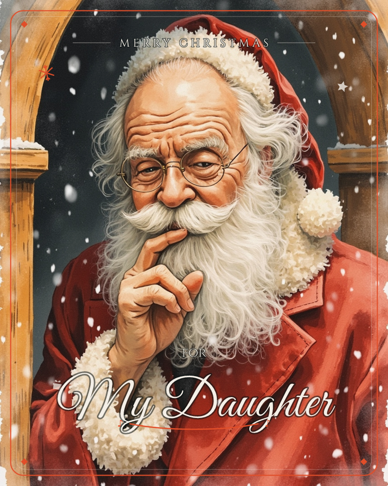 A close-up portrait of Santa Claus standing beneath a wooden archway, his round spectacles and bushy white beard catching the light as snow drifts…, a christmas e-card design