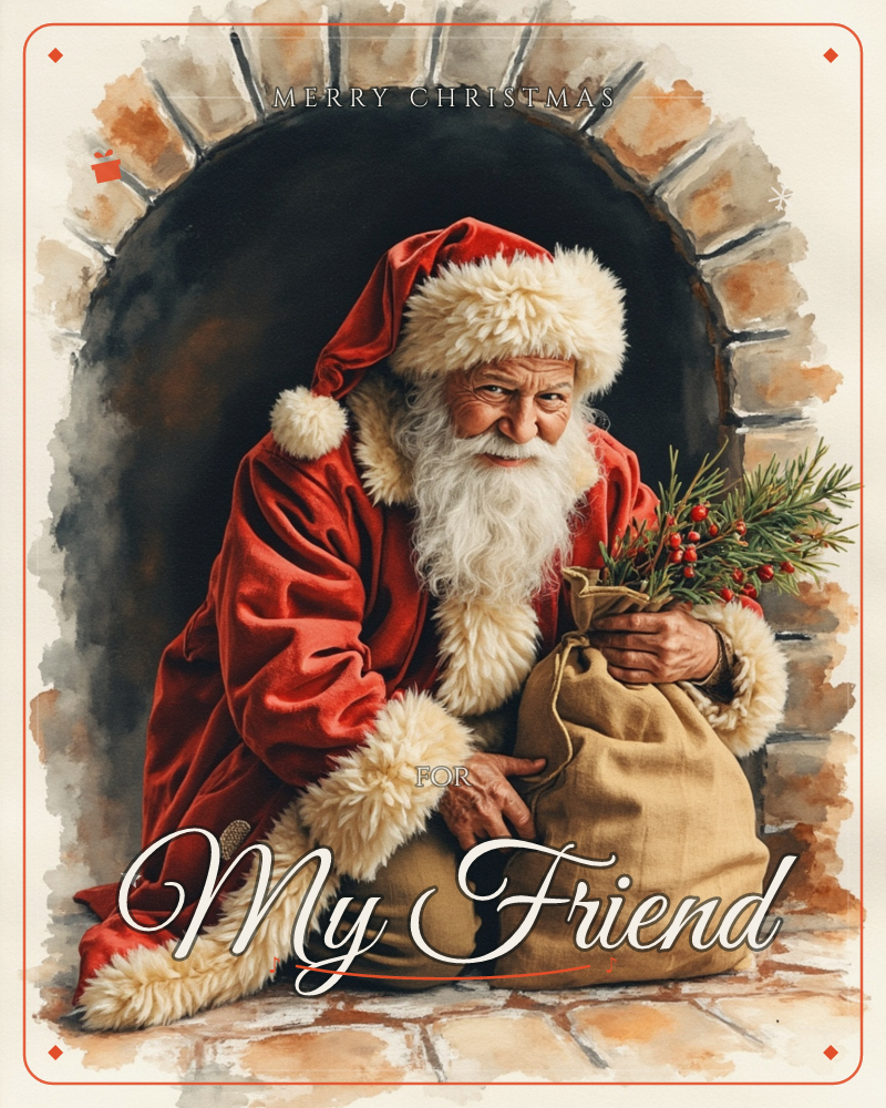 Santa kneels inside a stone fireplace archway, cradling a burlap sack topped with holly and pine sprigs, a christmas e-card design