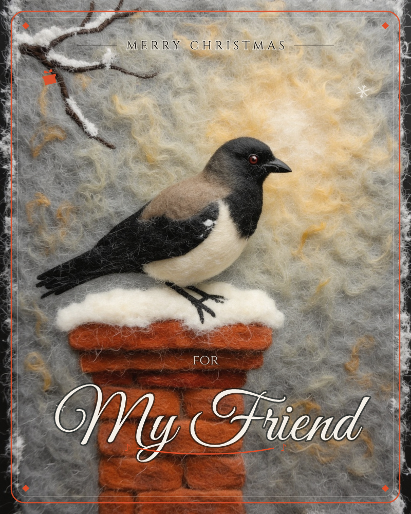 A needle-felted magpie perches on a snow-capped brick chimney, its wool fibres textured to look almost real against a hazy, sun-glowed grey sky, a christmas e-card design