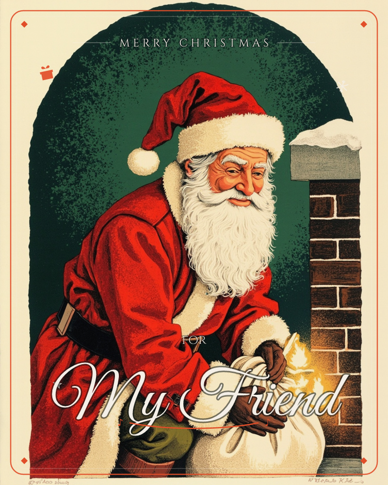A classic Santa Claus leans beside a snow-capped brick chimney, cinching a glowing white sack that spills warm light like embers, a christmas e-card design