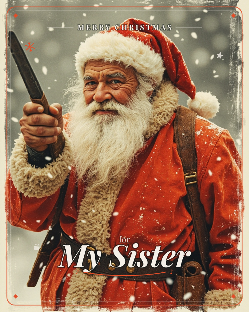 A weathered, rugged Santa stands in falling snow, dressed in a fur-trimmed red coat with a thick leather strap and belt slung across his chest like an…, a christmas e-card design