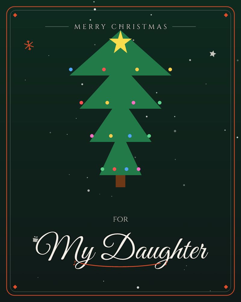 A stylised Christmas tree stands in flat tiers of green against an almost-black backdrop, its branches dotted with small round ornaments in red, blue…, a christmas e-card design by @DittyCityTeam