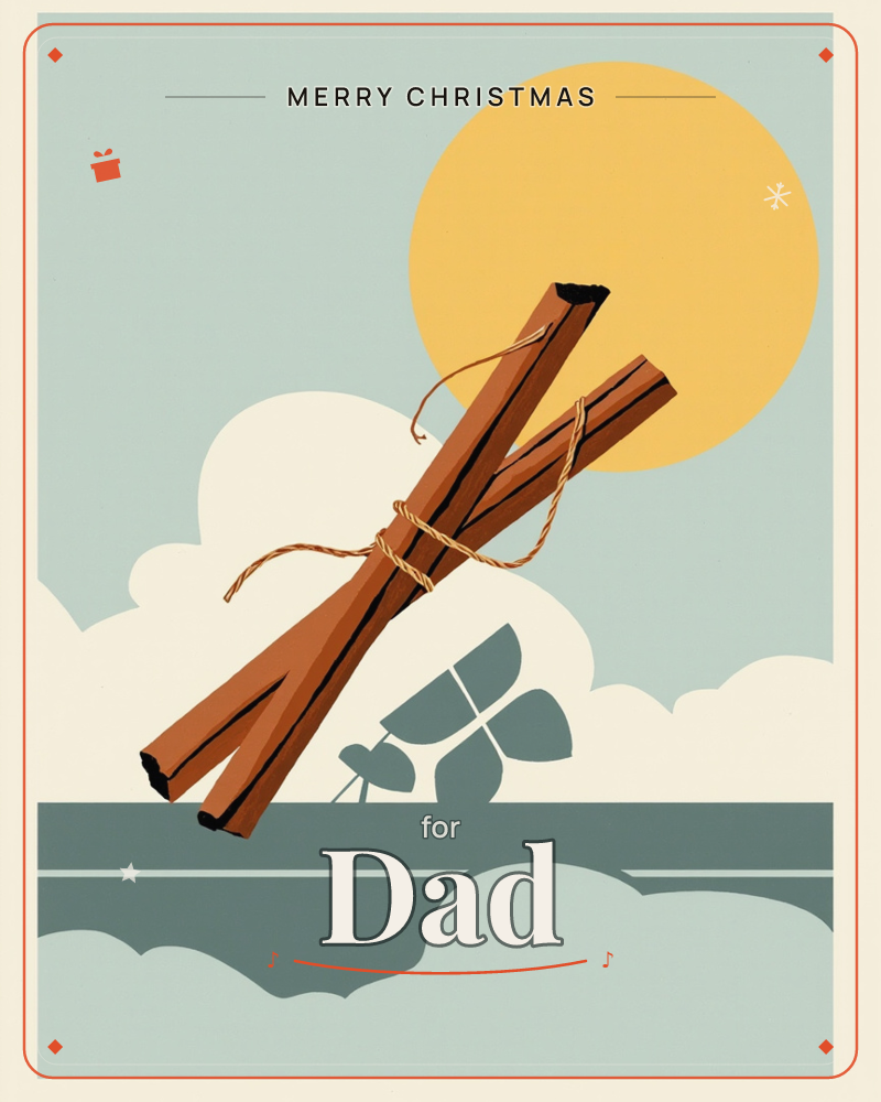 A bundle of cinnamon sticks tied with twine leans diagonally across the page, set against a stylised sky of pale sage clouds and a large mustard-yellow…, a christmas e-card design