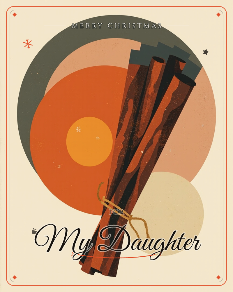 A bundle of cinnamon sticks tied with twine stands upright against a backdrop of overlapping circles in slate, terracotta and cream, like layered suns, a christmas e-card design