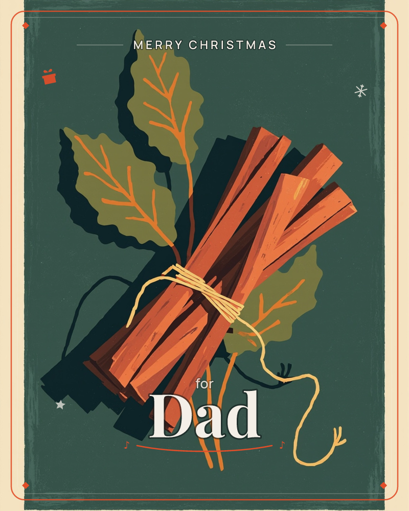 A bundle of cinnamon-orange bark sticks lies tied with pale twine against a deep pine-green background, with three toothed olive leaves fanning out…, a christmas e-card design