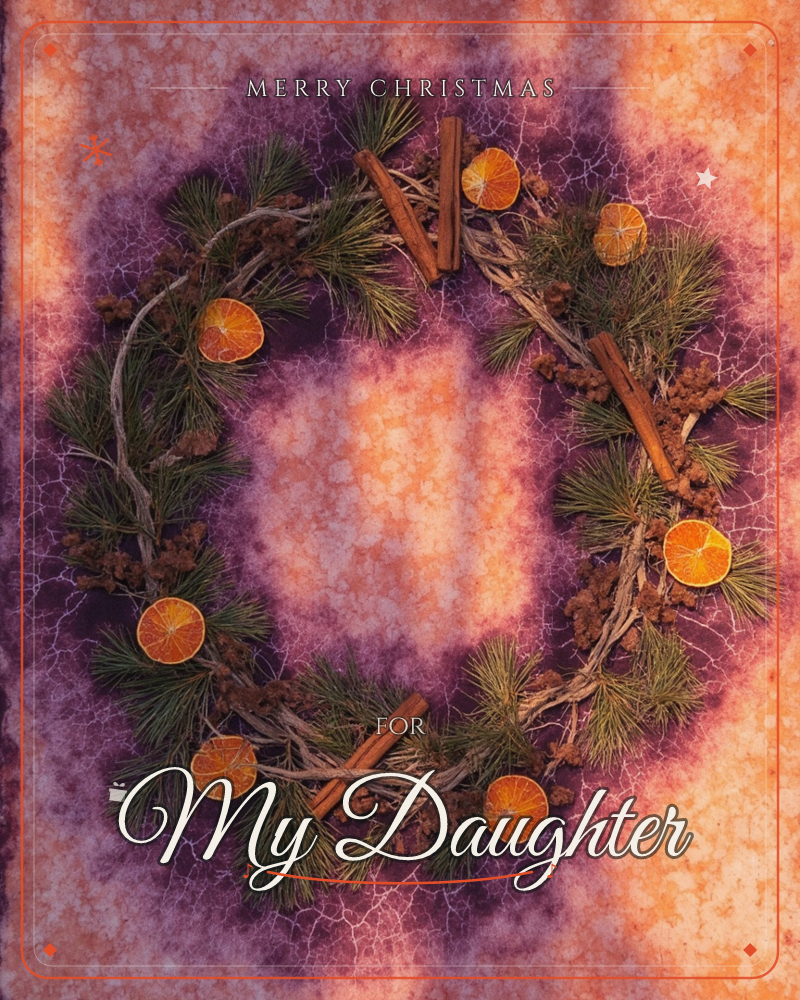 A rustic wreath of twisted twigs and pine sprigs is studded with dried orange slices and cinnamon sticks, laid flat against a mottled purple and amber…, a christmas e-card design