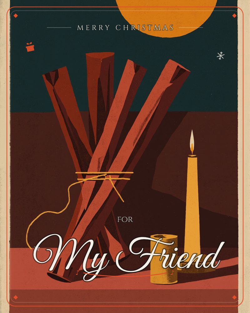 A bundle of split firewood is tied with twine and stands beside a lit taper candle in a stubby holder, all set against a dark teal sky with a glowing…, a christmas e-card design