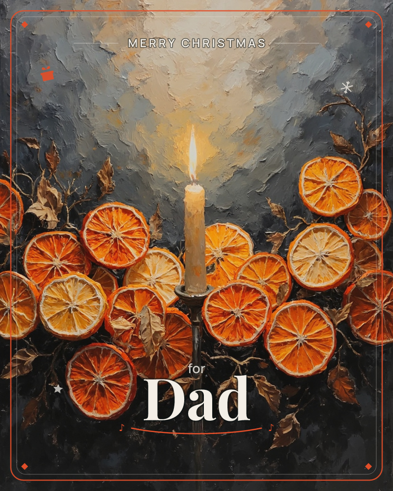A single lit candle stands amid a scattered arrangement of dried orange slices and curling brown leaves, painted in thick, textured oil strokes against…, a christmas e-card design