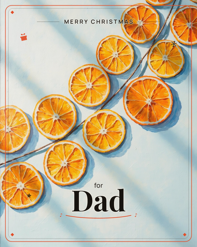 A diagonal arrangement of orange slices lies scattered across a pale blue surface, their citrus segments catching bright sunlight that streaks across…, a christmas e-card design