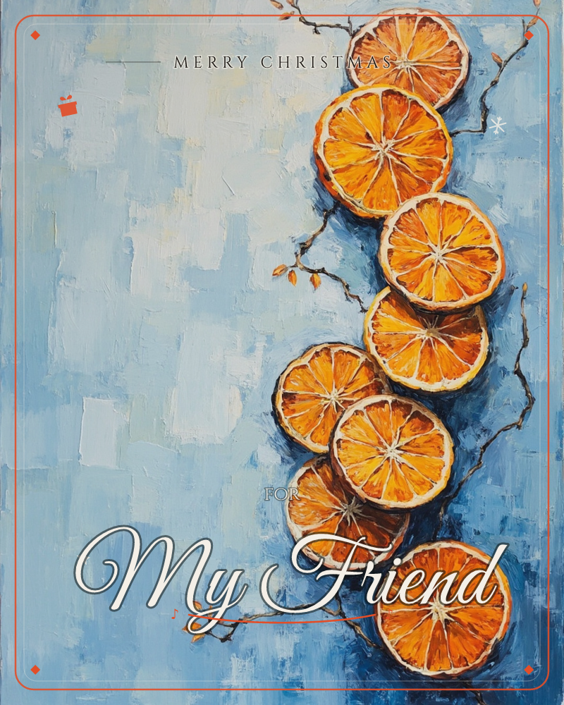 A cascade of sliced oranges tumbles down the right side of the card, their bright rinds and starburst centres set against a textured blue-grey background, a christmas e-card design