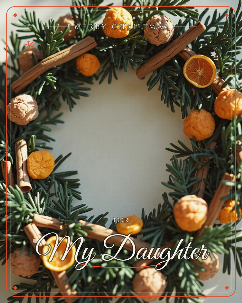 A dense evergreen wreath is photographed from above, its dark needles studded with cinnamon sticks, dried orange slices, and small textured spice balls, a christmas e-card design