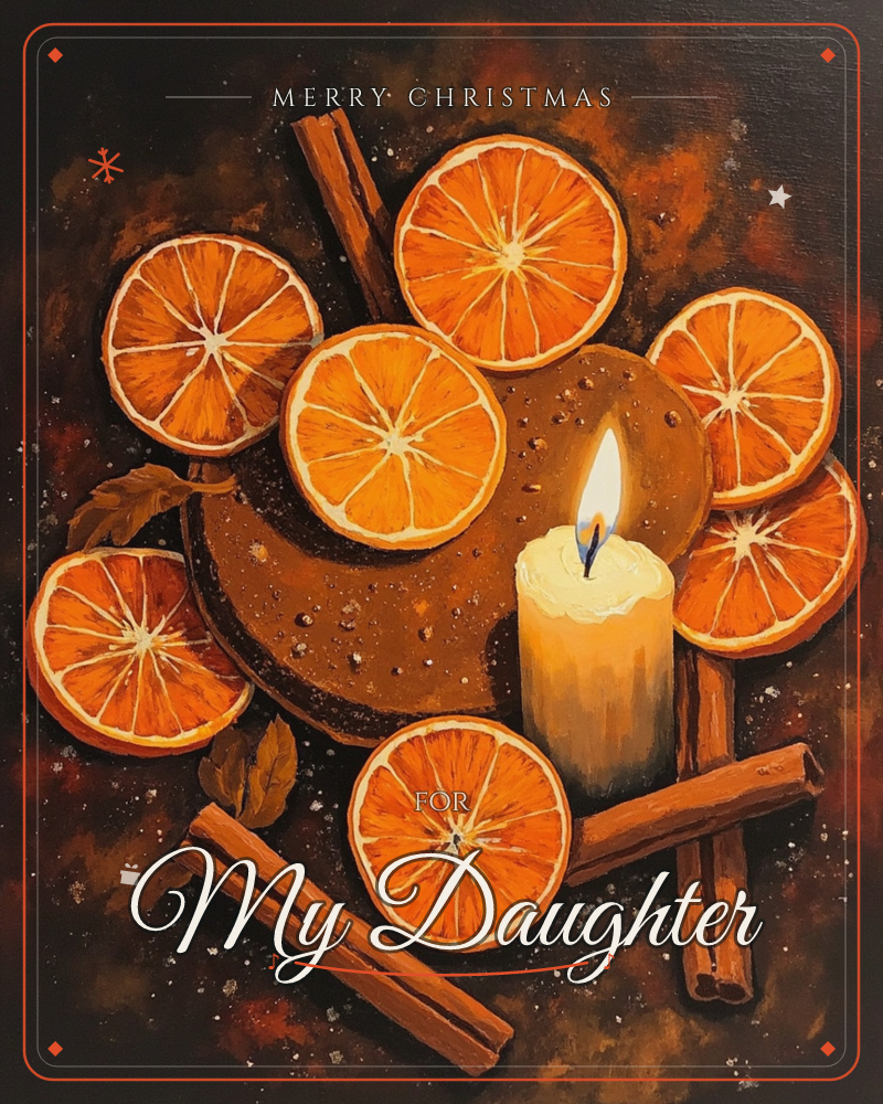 A lit candle glows among a scattering of dried orange slices and crossed cinnamon sticks, arranged atop a round wooden board against a deep, smoky…, a christmas e-card design