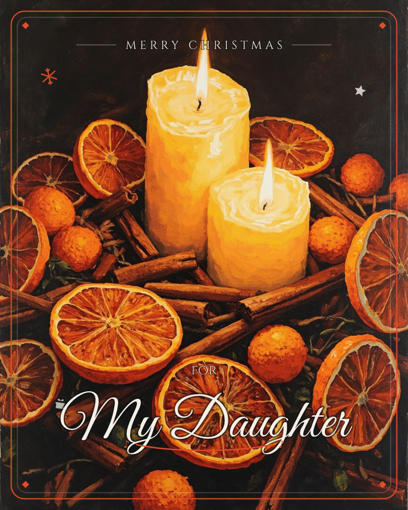 Two lit pillar candles glow at the centre of a dark still-life, ringed by dried orange slices, whole clementines and scattered cinnamon sticks, a christmas e-card design