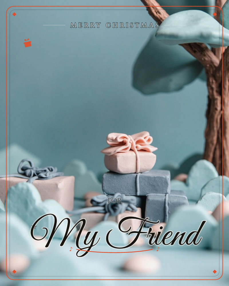 A sculpted clay diorama shows small wrapped gift boxes in dusty pink and slate blue, tied with soft ribbon bows, stacked among rounded pebble-like…, a christmas e-card design
