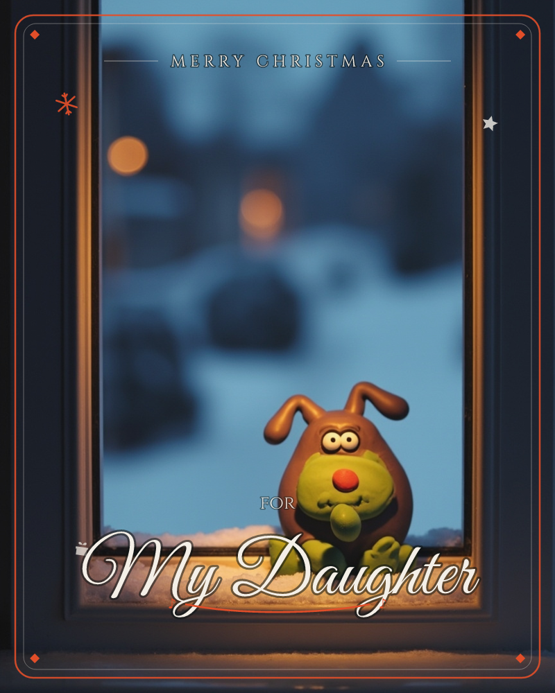 A small clay-like dog figure with floppy ears and a red nose sits on a snowy windowsill, lit by warm indoor light against the deep blue dusk outside, a christmas e-card design