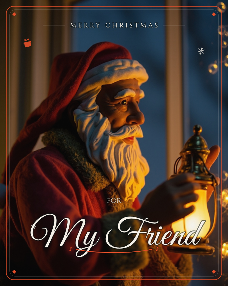 A carved Santa figure stands by a dark window at night, holding a small lantern whose glow lights up his weathered face and thick white beard, a christmas e-card design